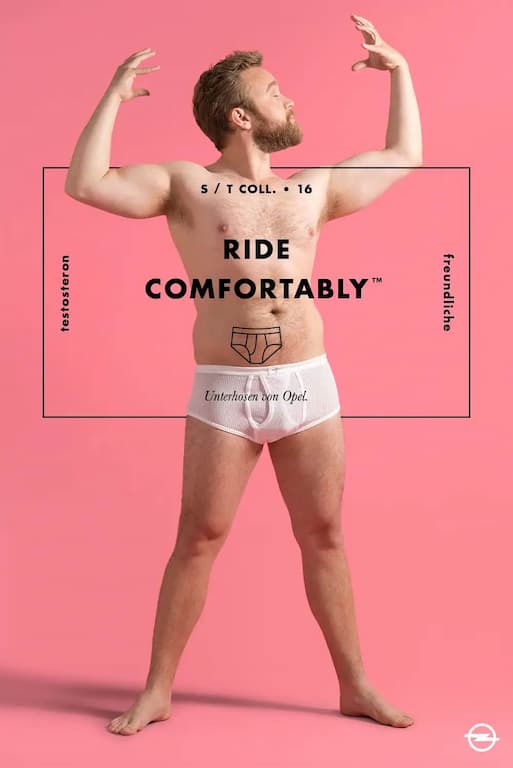 opel "ride comfortably" ad showing man standing proudly in underwear